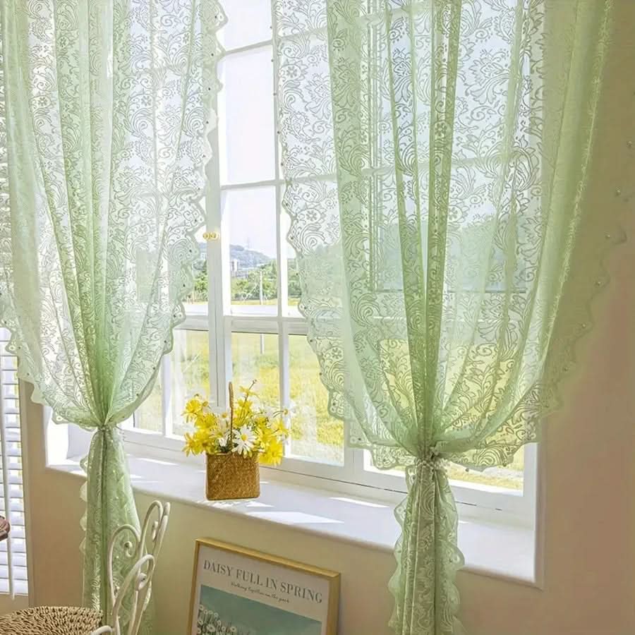 Elegant White Lace Curtain Panel with Beaded Phoenix Tail Design
