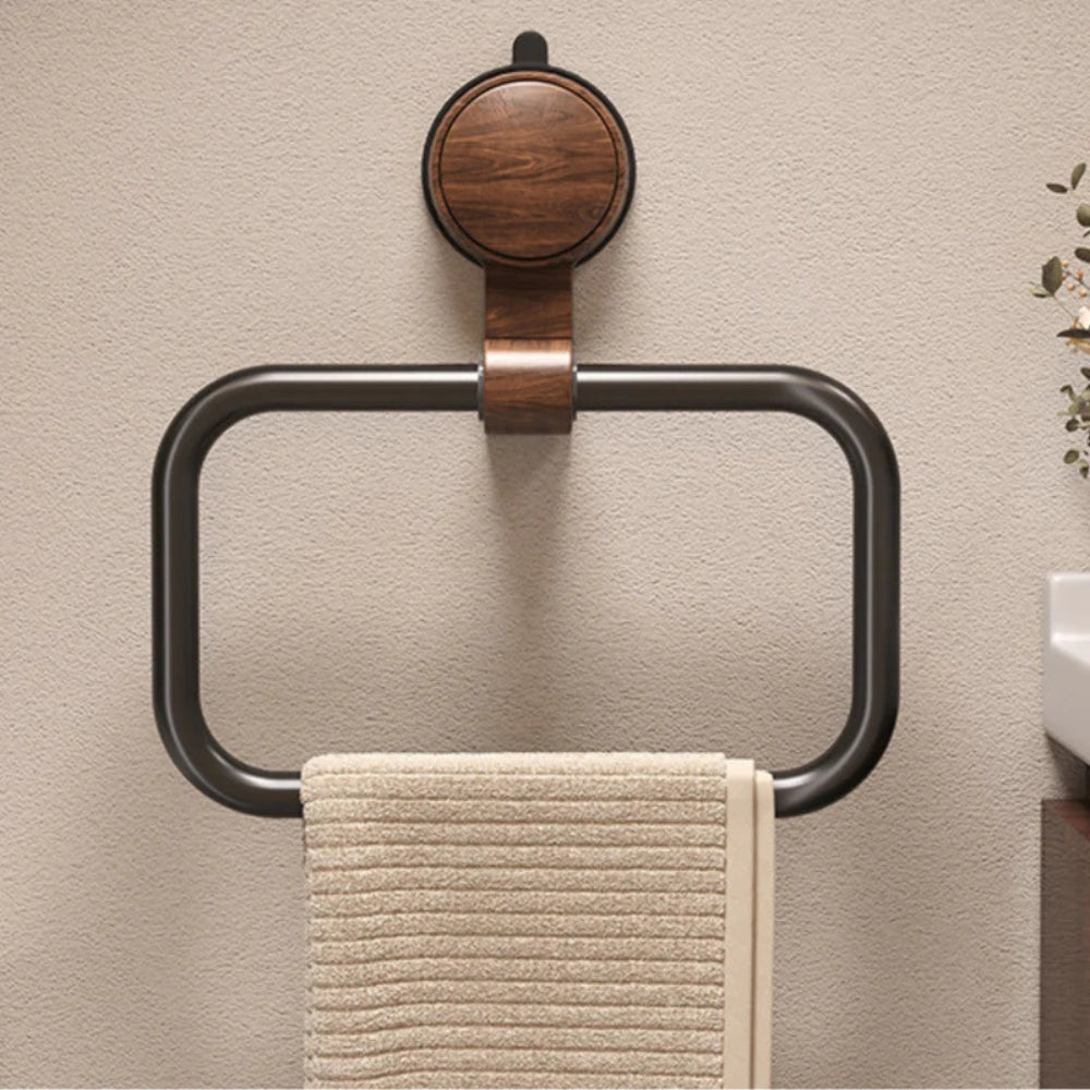 Suction-Mount Towel Holder with Stylish Wood and Metal Design