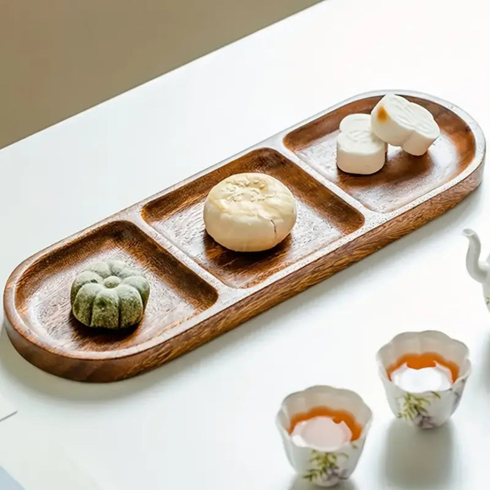 Elegant Wooden Snack Tray with 3 Dividers - 11 x 4 Inches