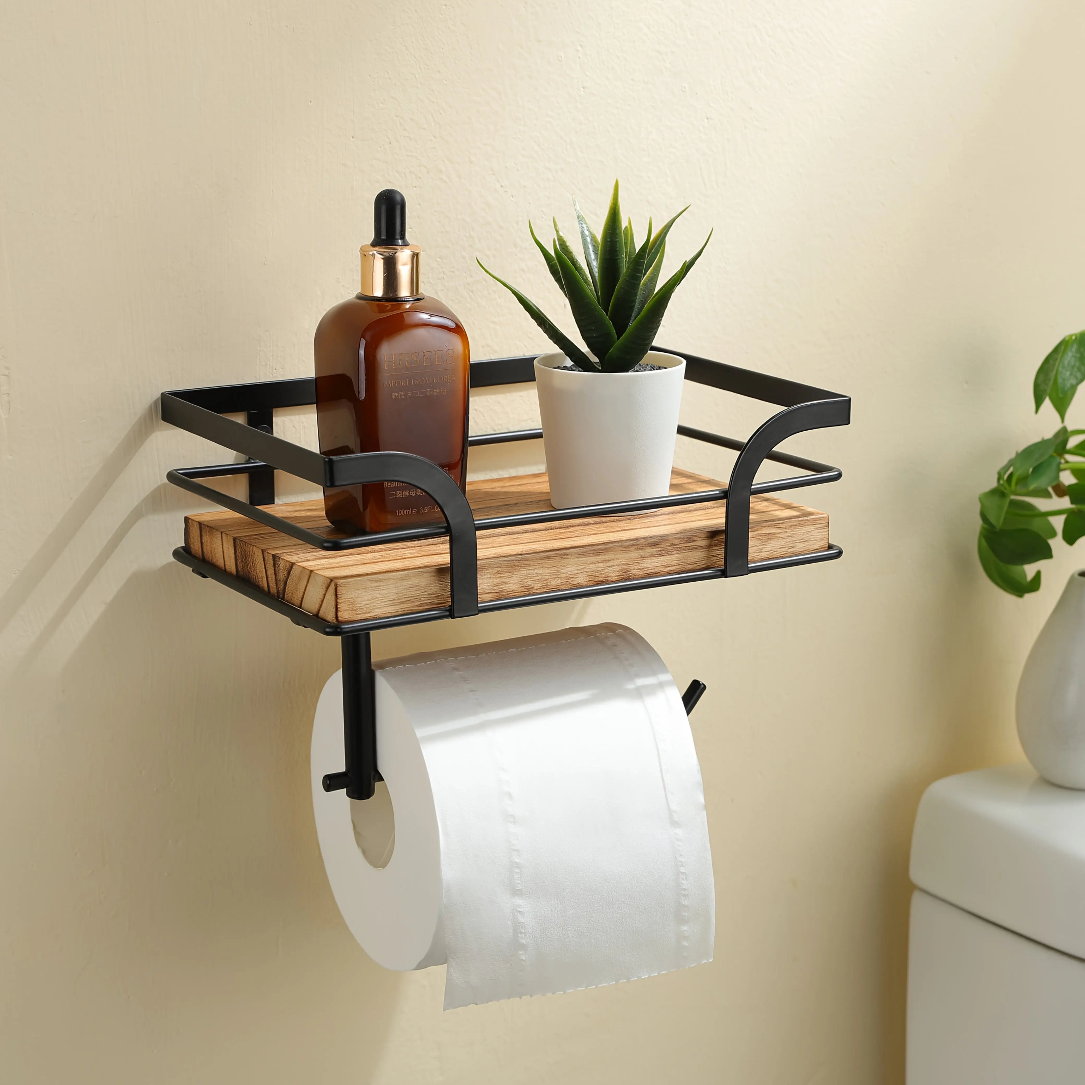 Wall-Mounted Bathroom Shelf with Toilet Paper Holder – Wood and Metal