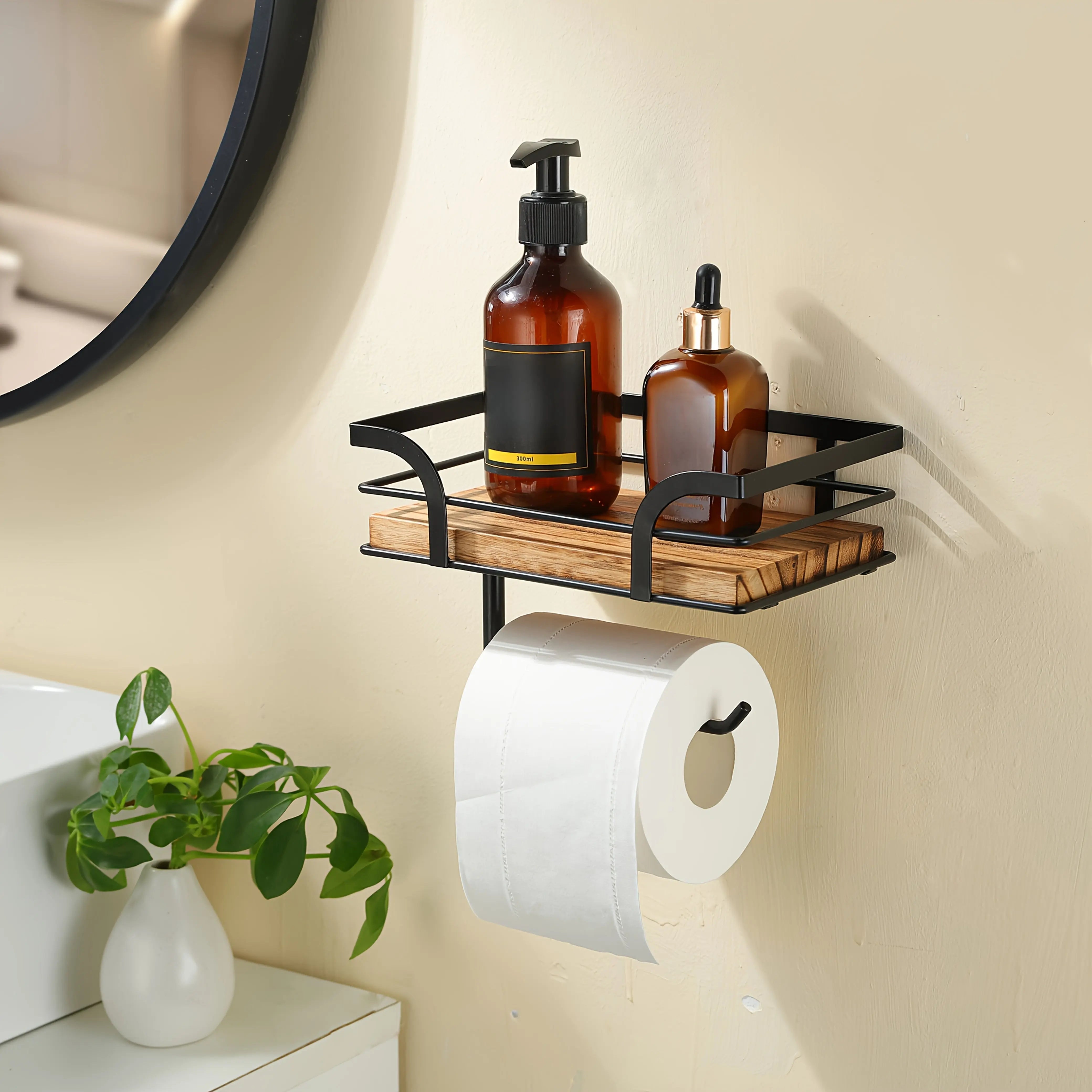 Wall-Mounted Bathroom Shelf with Toilet Paper Holder – Wood and Metal