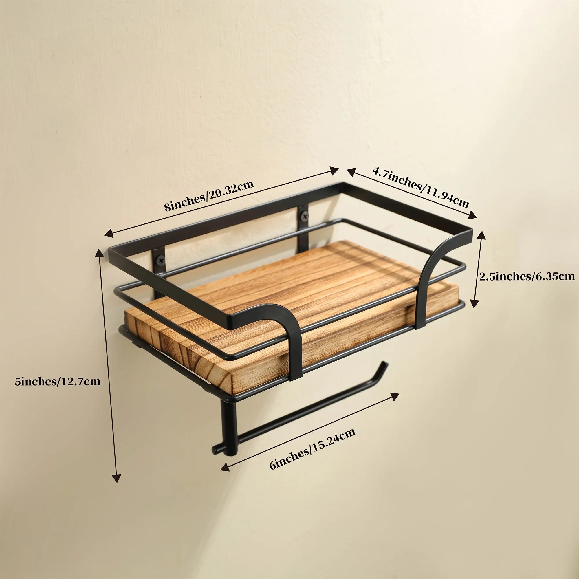 Wall-Mounted Bathroom Shelf with Toilet Paper Holder – Wood and Metal