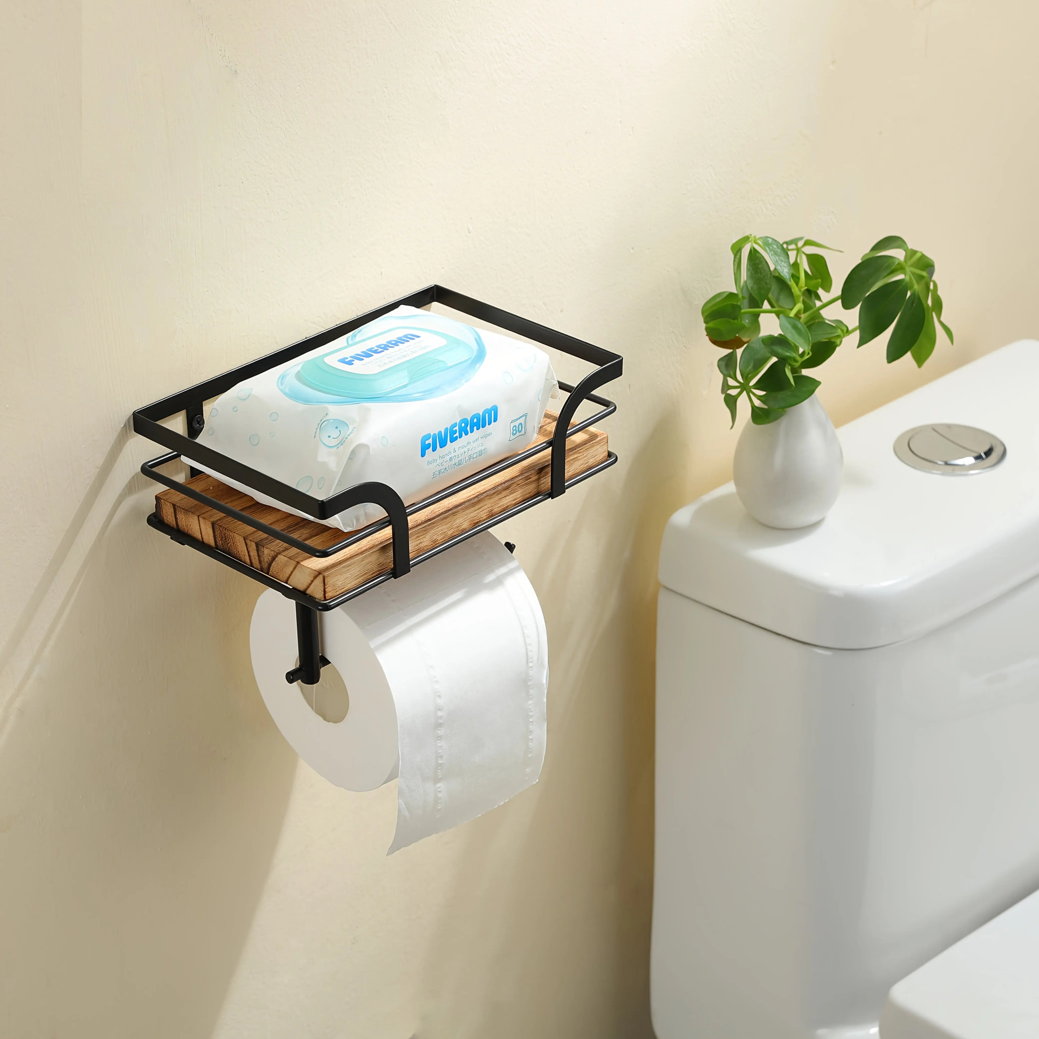 Wall-Mounted Bathroom Shelf with Toilet Paper Holder – Wood and Metal