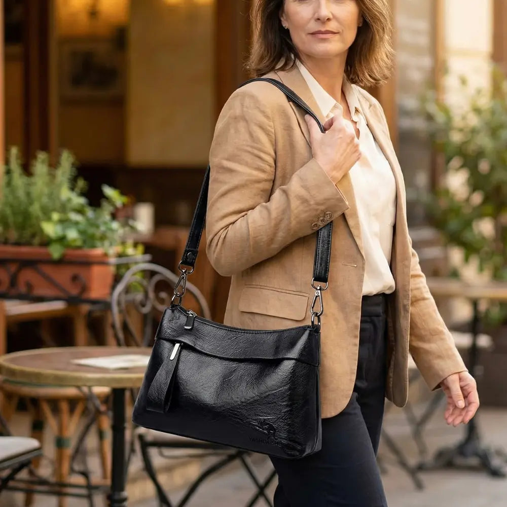 Three-Compartment Shoulder Bag – Soft Faux Leather, Available in Four Colors