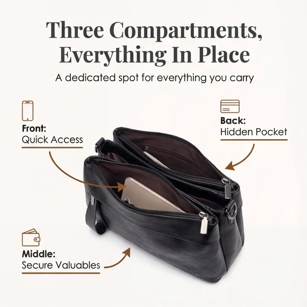 Three-Compartment Shoulder Bag – Soft Faux Leather, Available in Four Colors