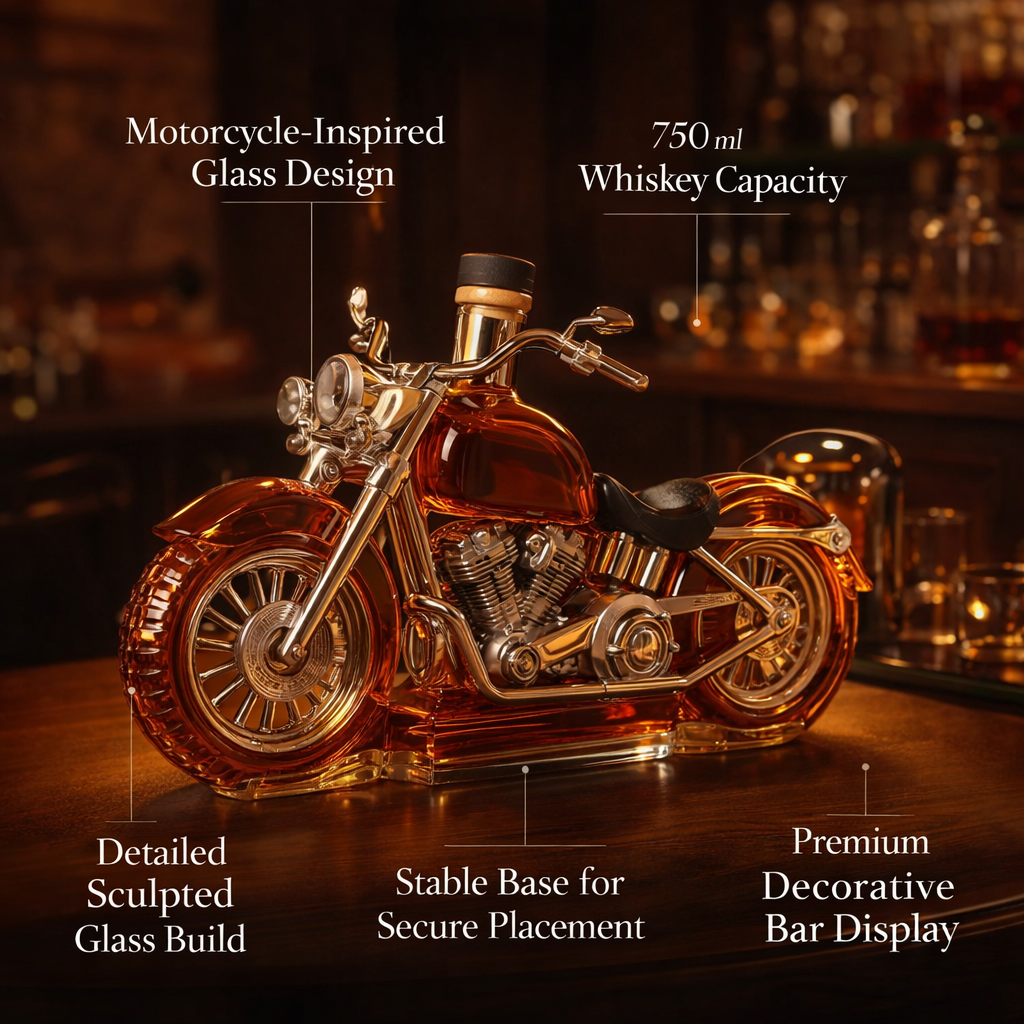 Biker-Themed Whiskey Carafe | Motorcycle Glass Decanter for Gifts