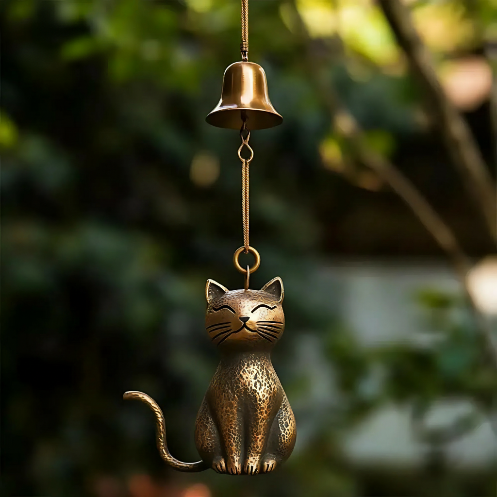 Artisan Cat-Inspired Copper Wind Chime for a Calming Atmosphere