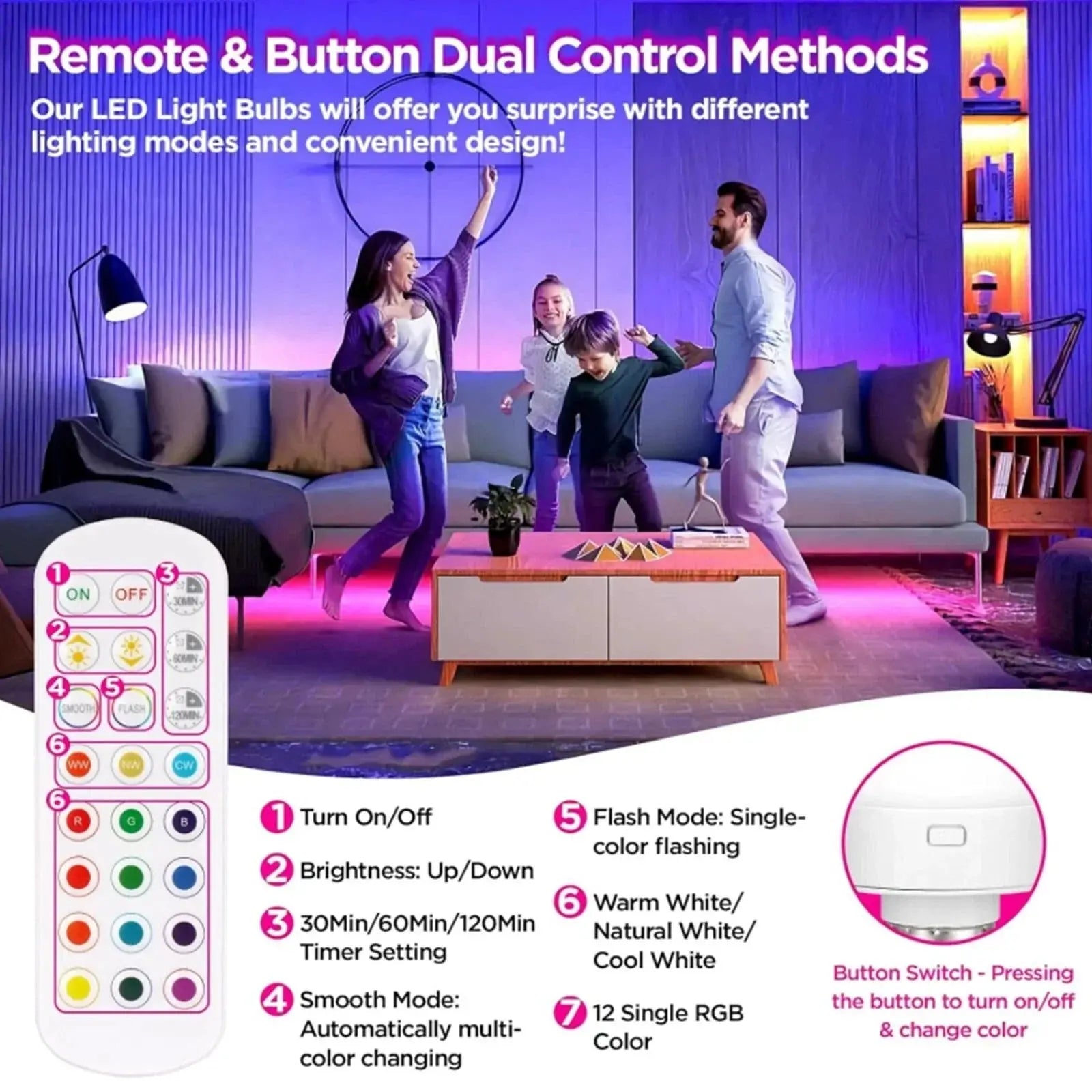 Wireless E27 RGB LED Lamp with Remote – Rechargeable Light Fixture