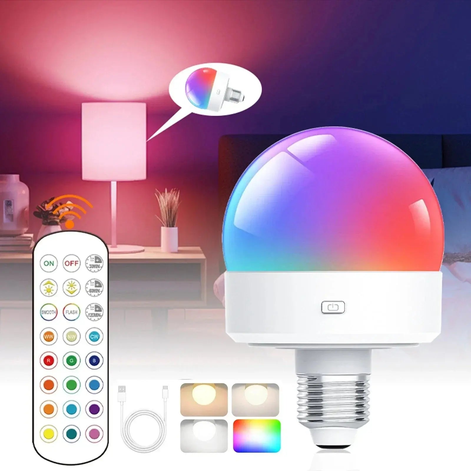Wireless E27 RGB LED Lamp with Remote – Rechargeable Light Fixture
