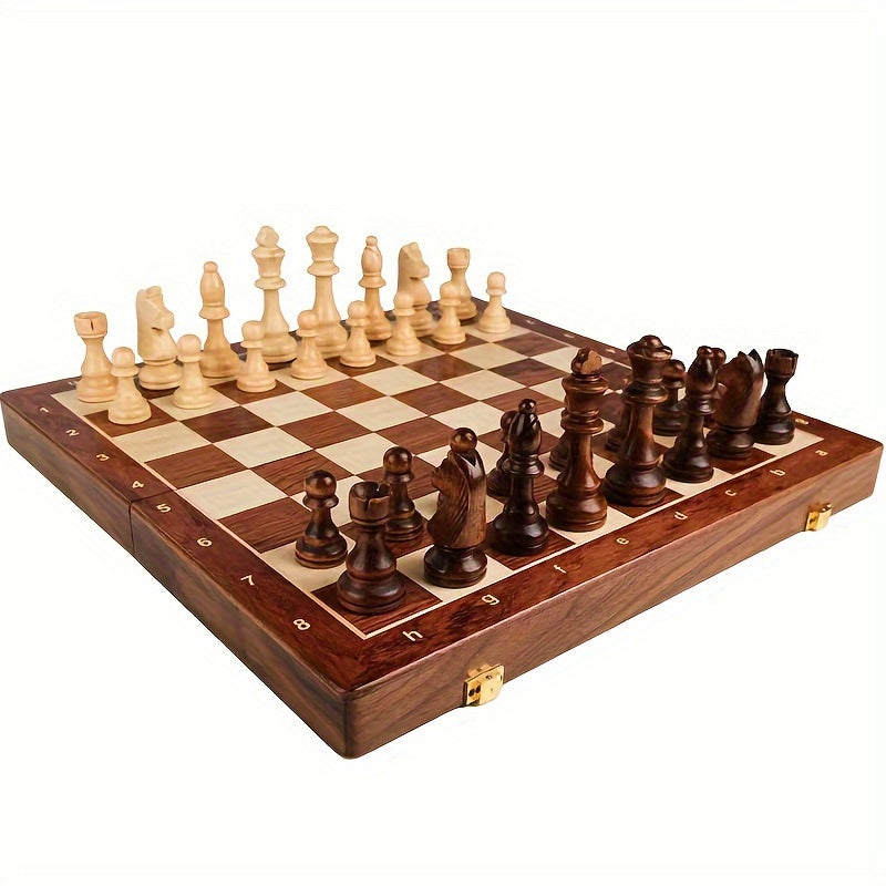 Elegant Wooden Chess Set with Foldable Board and Artisan Pieces
