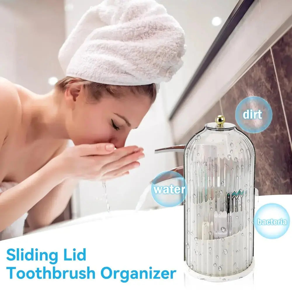 Toothbrush Organizer with Sliding Cover and 3 Storage Sections