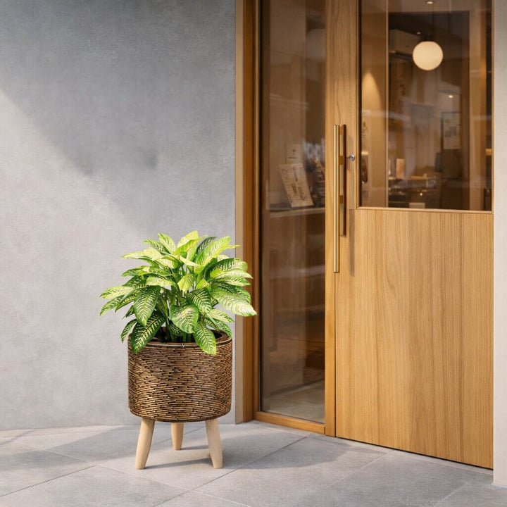 Flower Planter with Wooden Stand | Basket Weave Texture | Ideal for Indoor and Outdoor | Plantara