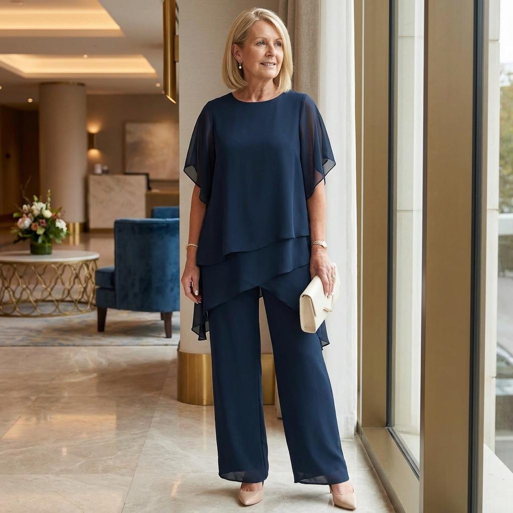 SerenLuxe™ – Sophisticated Chiffon Two-Piece Set Featuring Asymmetric Layered Top