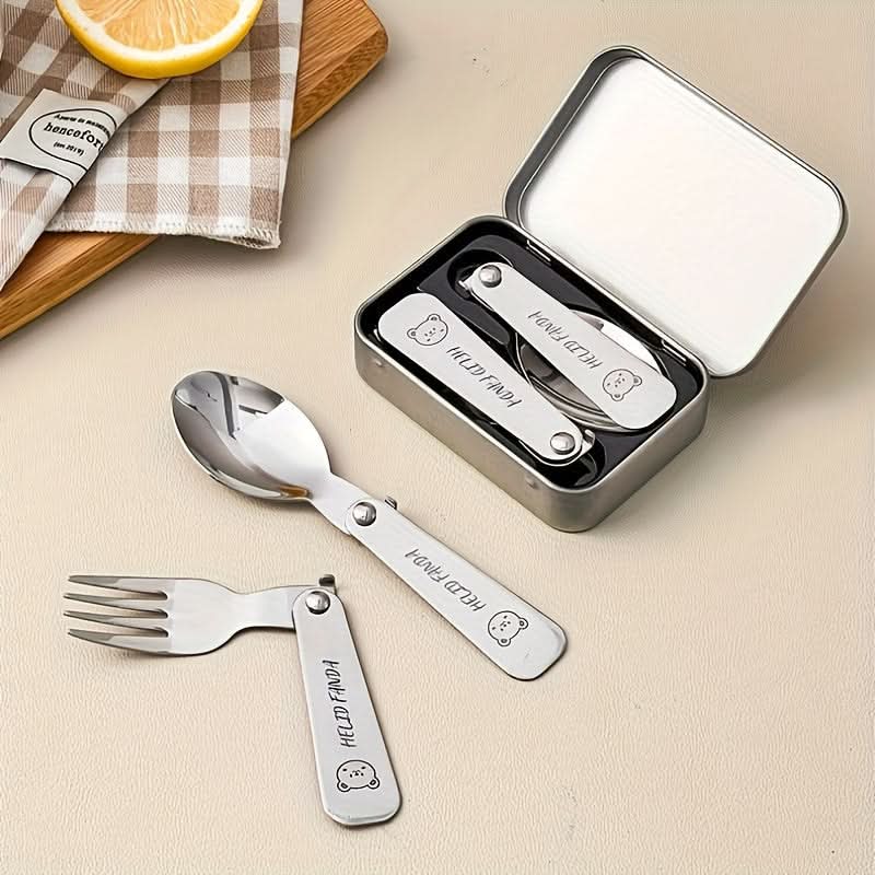 Compact Portable Cutlery Set with Folding Fork and Spoon
