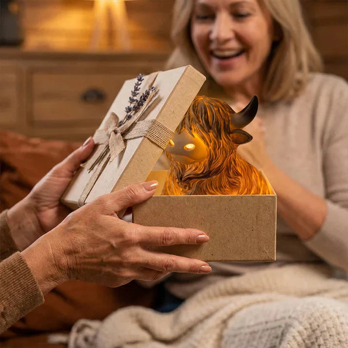Amber Glow Resin Night Lamp – Highland Cow Design, 10 cm