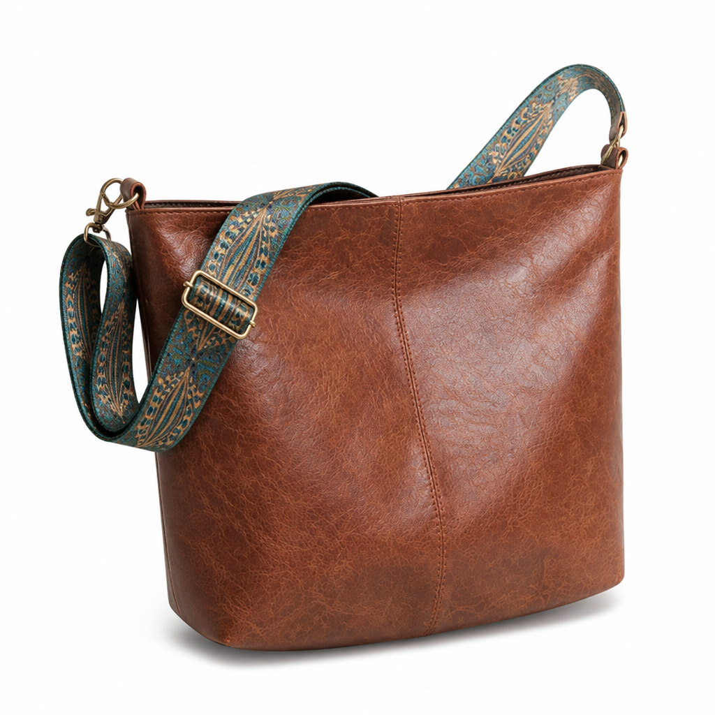 Aged-Look Leather Bohemian Strap Hobo Bag