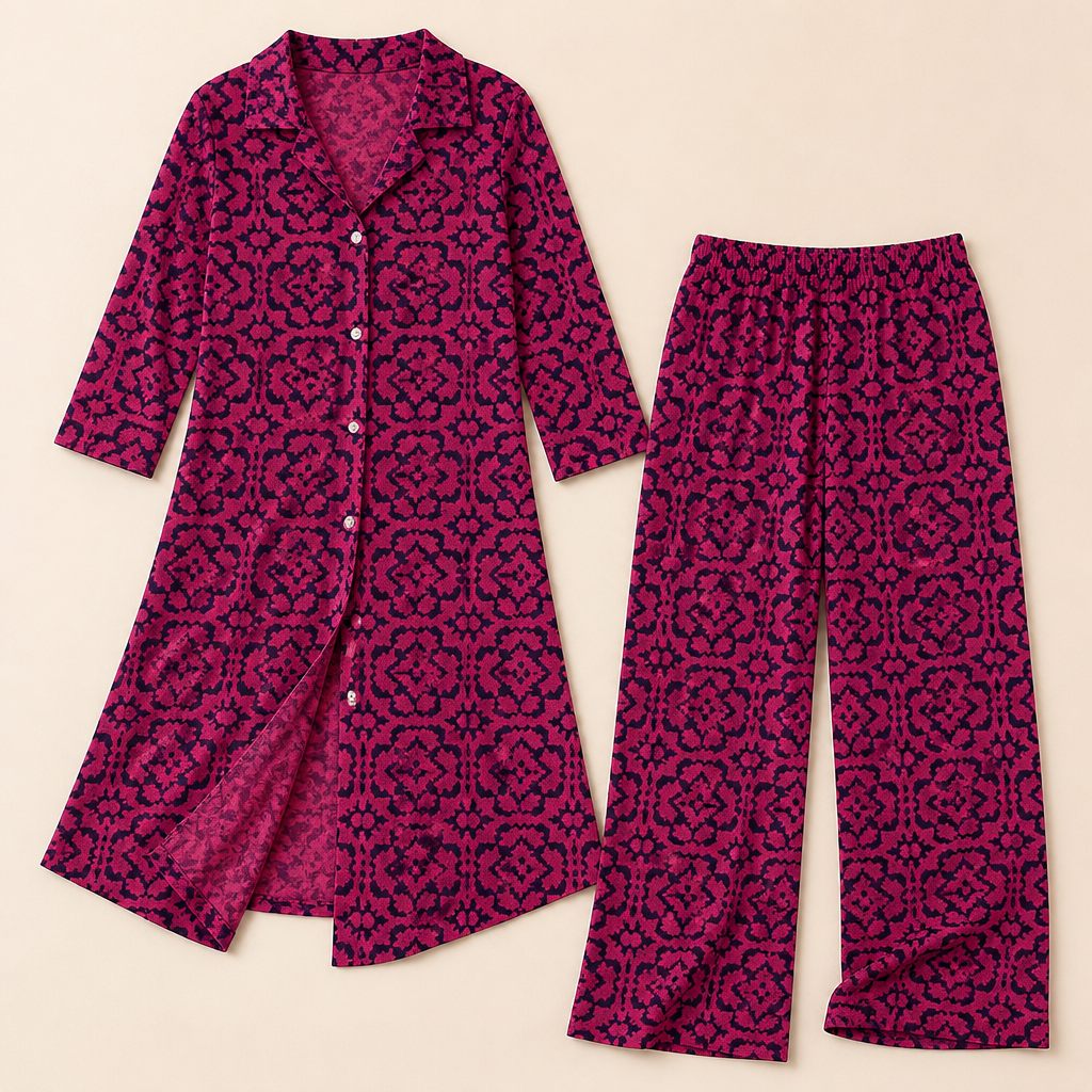 VireoLuxe™ – Sharp Geometric Tunic with Straight-Leg Trouser Set