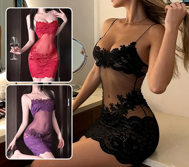 EmberaLuxe™ – Delicate Floral Lace Nightdress Paired with Matching Thong