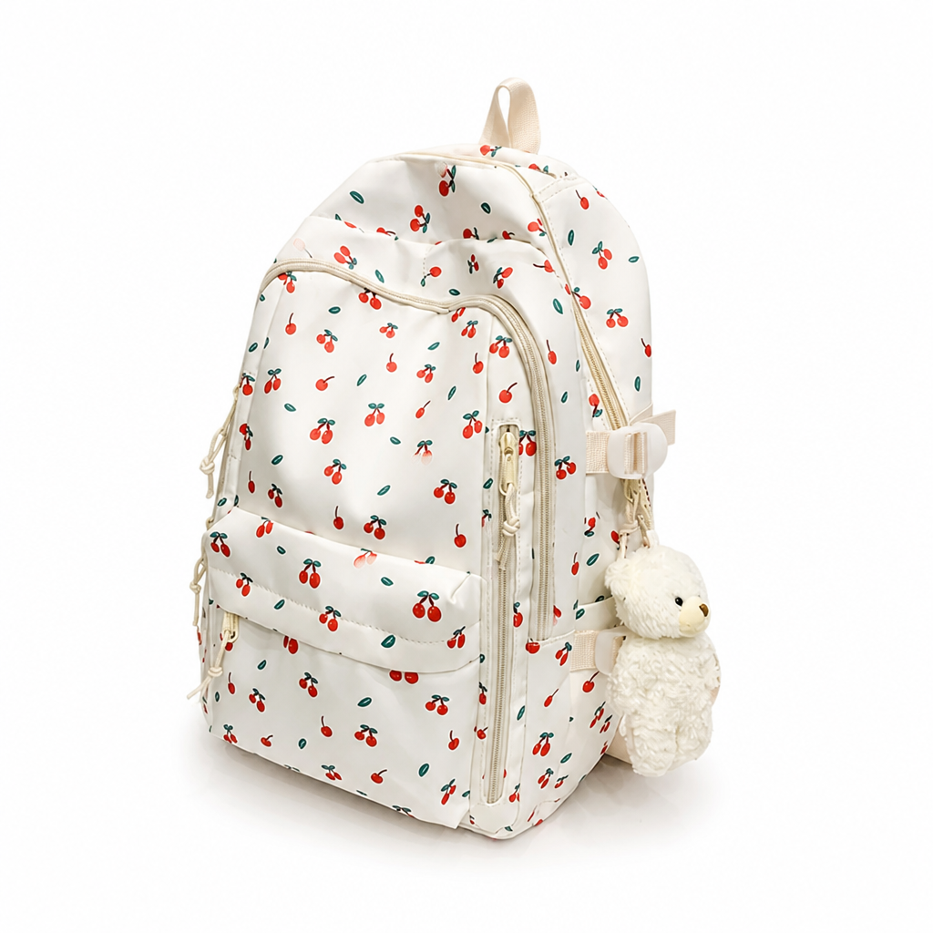 Large Capacity Rose Print Backpack (Teddy Bear Charm)