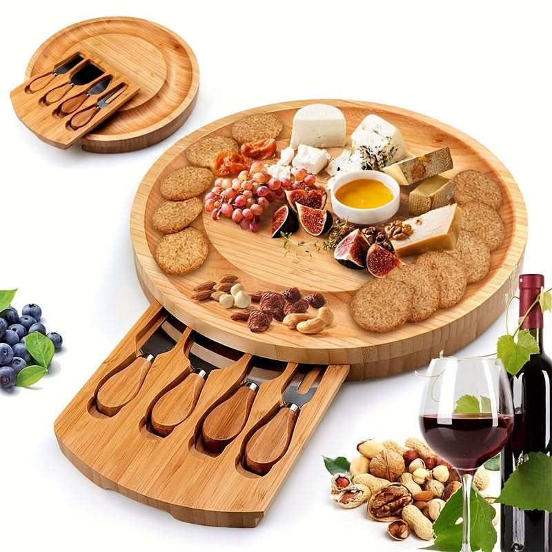 Bamboo Serving and Cheese Board Set with Drawer and Cutlery