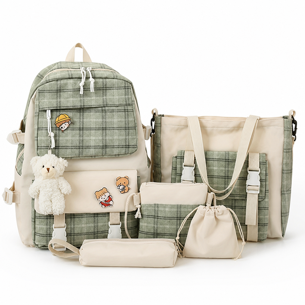 Large Capacity Minimalist Plaid Backpack Set (Set of 5)
