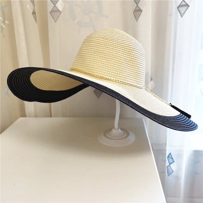 Wide-Brimmed Sun Hat Featuring Gold Chain Accent