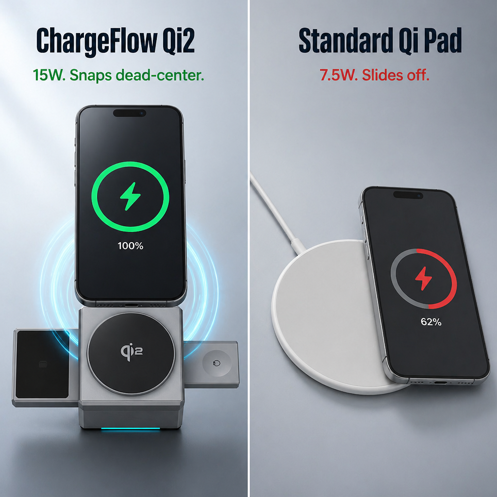 ChargeFlow™ — Attach Your iPhone, Watch & headset to One Foldable Qi2 Stand