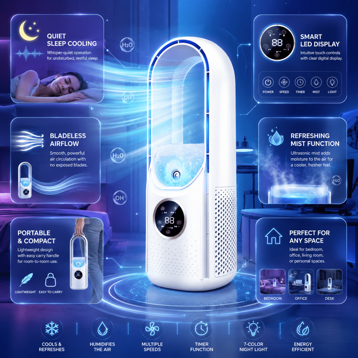 Bladeless Personal Desk Fan – Quiet Air Circulator for Home Office