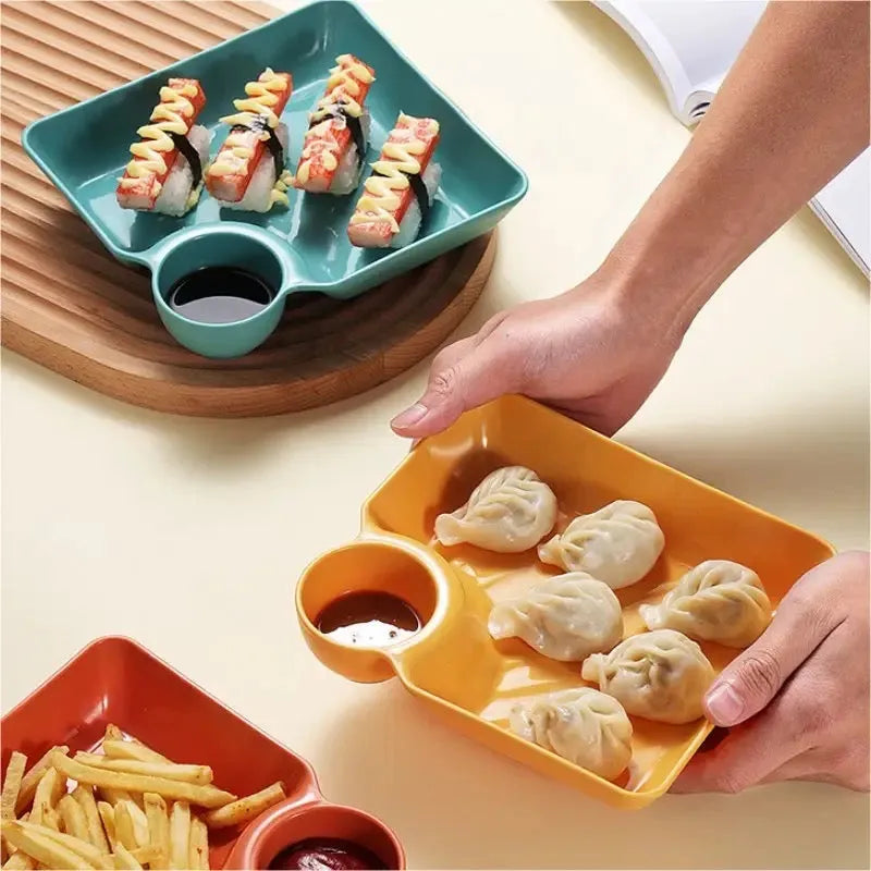 Stackable Snack and Dip Serving Plate with Sauce Bowl - 4 Colors
