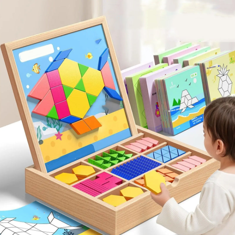 Wooden Building Blocks Set with Magnetic Pieces and Pattern Cards
