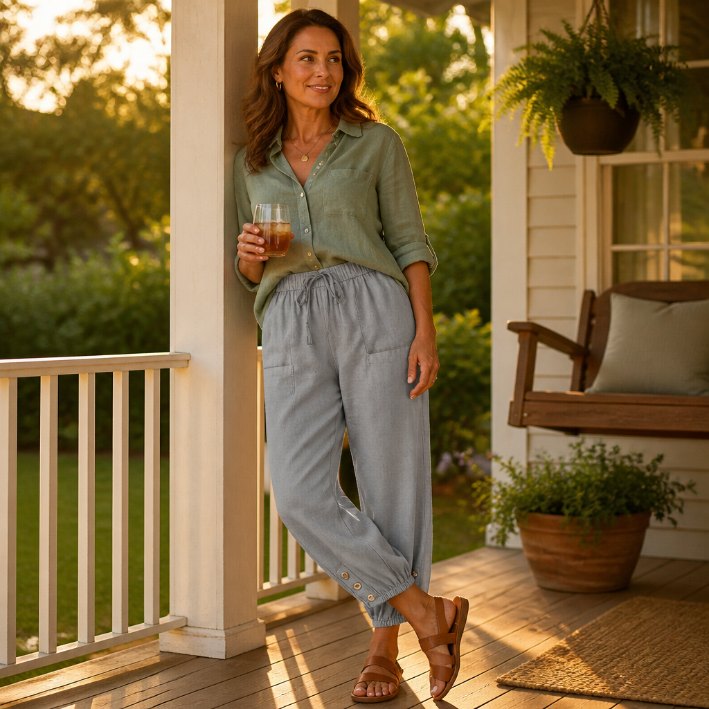 LunaEase™ – Cropped Soft Cotton-Linen Pants with Buttoned Cuffs