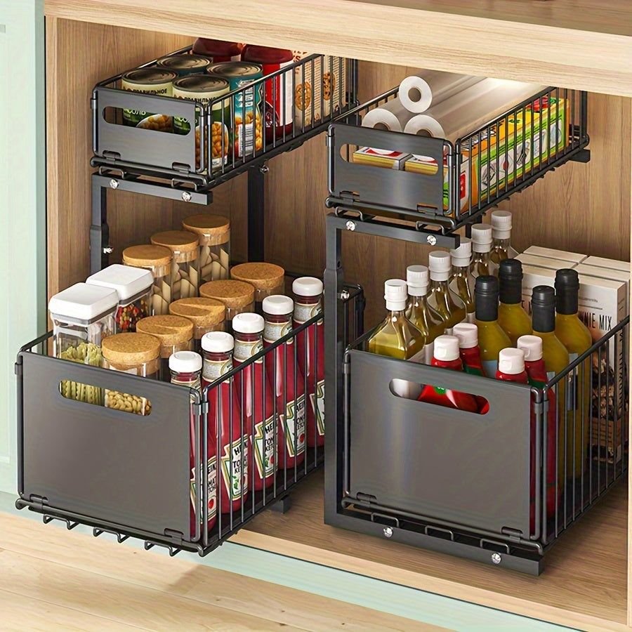 Two-Tier Cabinet Organizer with Extendable Carbon Steel Design