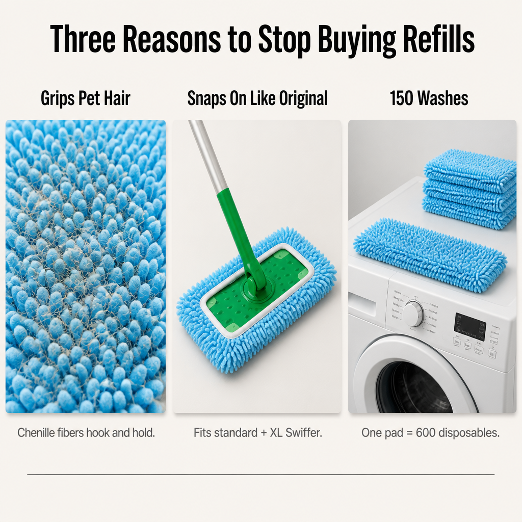 SwiftSleek™ — Snap-On Microfiber Pads That Capture Pet Hair Across 150 Washes