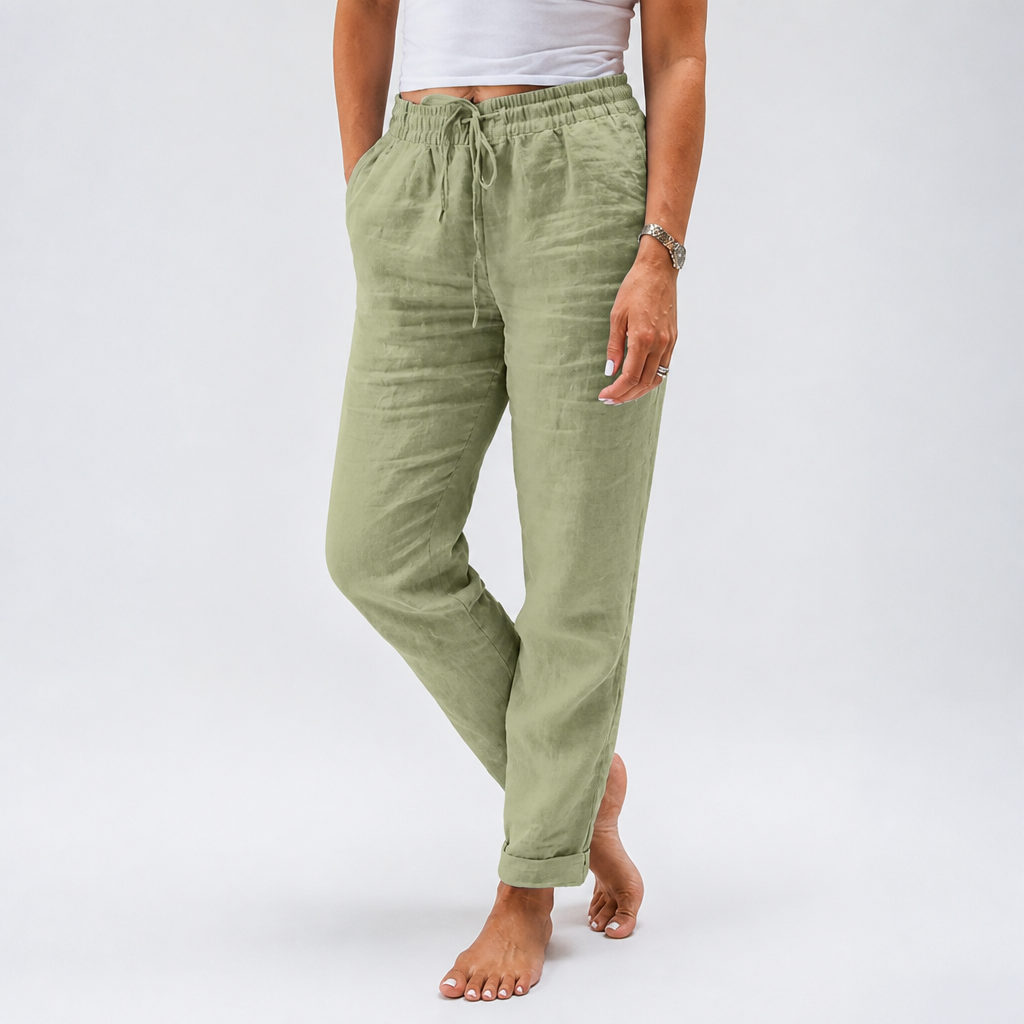 Flexiva™ – Comfortable Cotton-Linen Tapered Pants with Adjustable Drawstring Waist