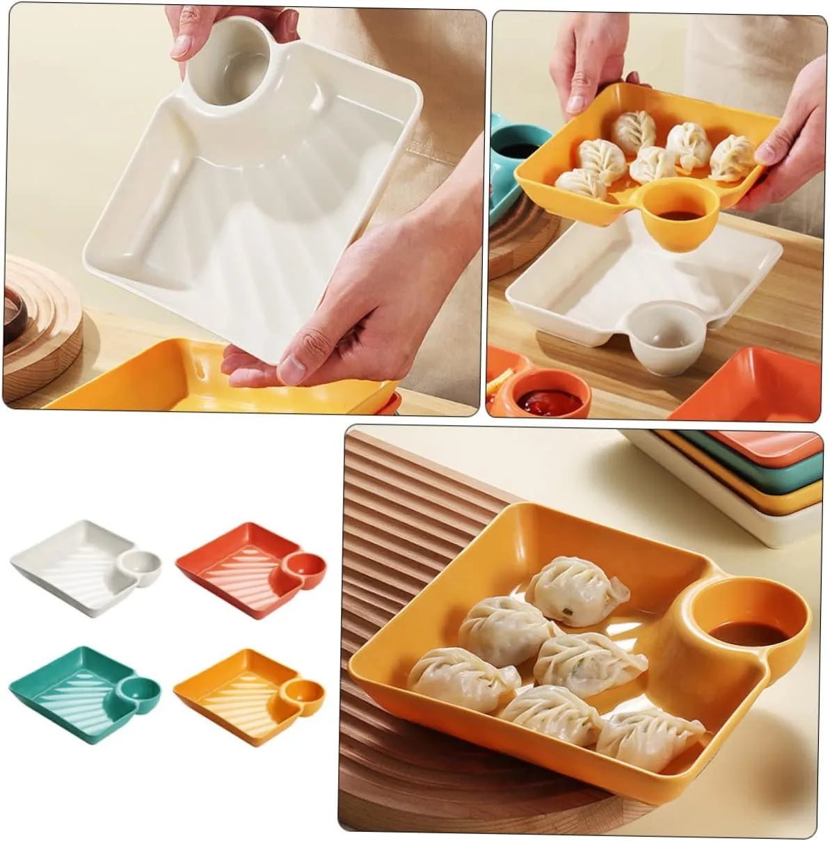 Stackable Snack and Dip Serving Plate with Sauce Bowl - 4 Colors