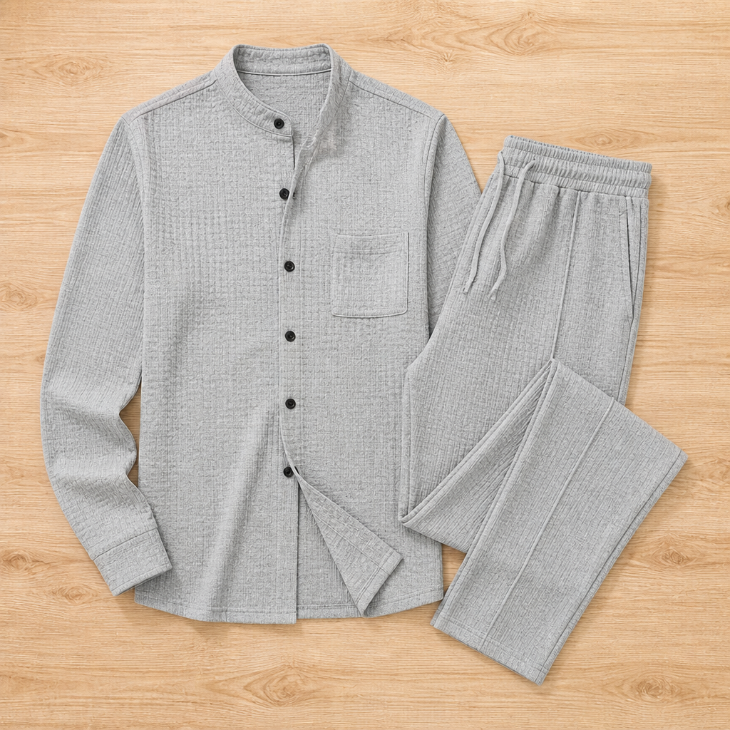Stridonity™ – Relaxed Waffle-Texture Band-Collar Shirt & Pants Set