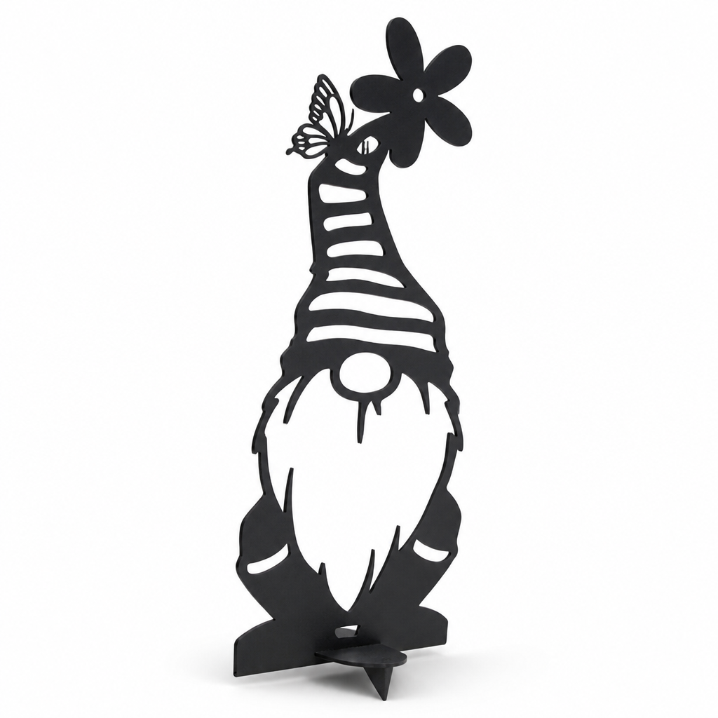 Weather-Resistant Iron Garden Gnome Stake (Butterfly & Flower Cutouts)