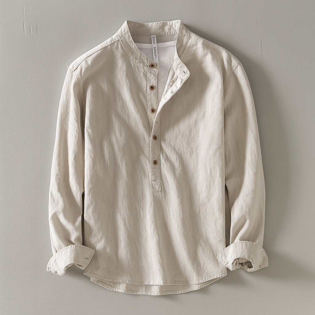 Men's Casual Long Sleeve Henley Top with Band Collar – Everyday Layering Shirt