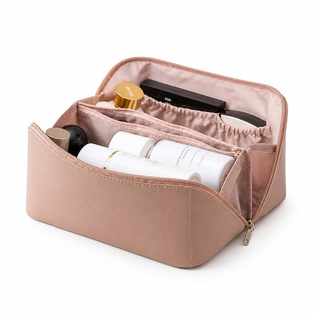 Premium PU Leather Multi-Compartment Cosmetic Bag (Travel-Ready)