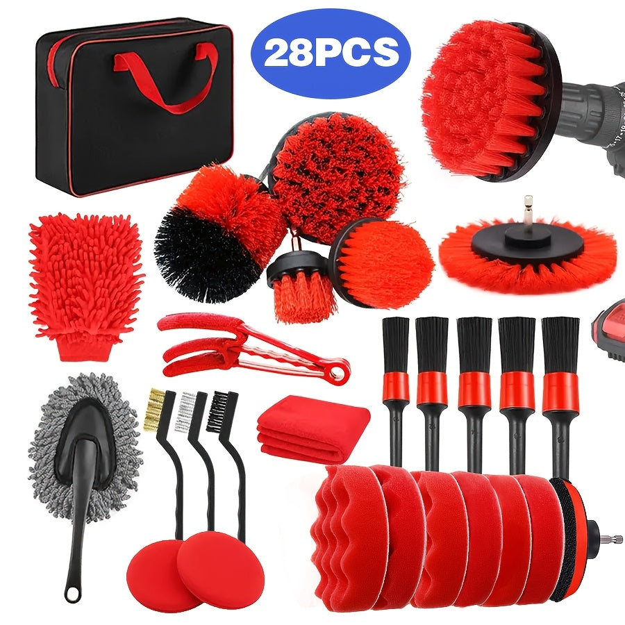 28-Piece Brush Set for Automatic Car Washing with Drill Attachments and Bag