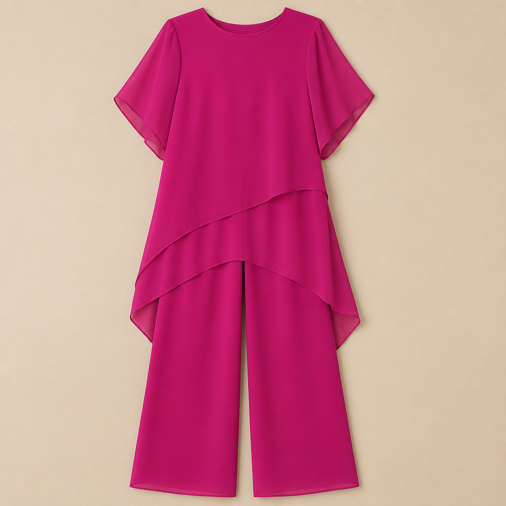 SerenLuxe™ – Sophisticated Chiffon Two-Piece Set Featuring Asymmetric Layered Top