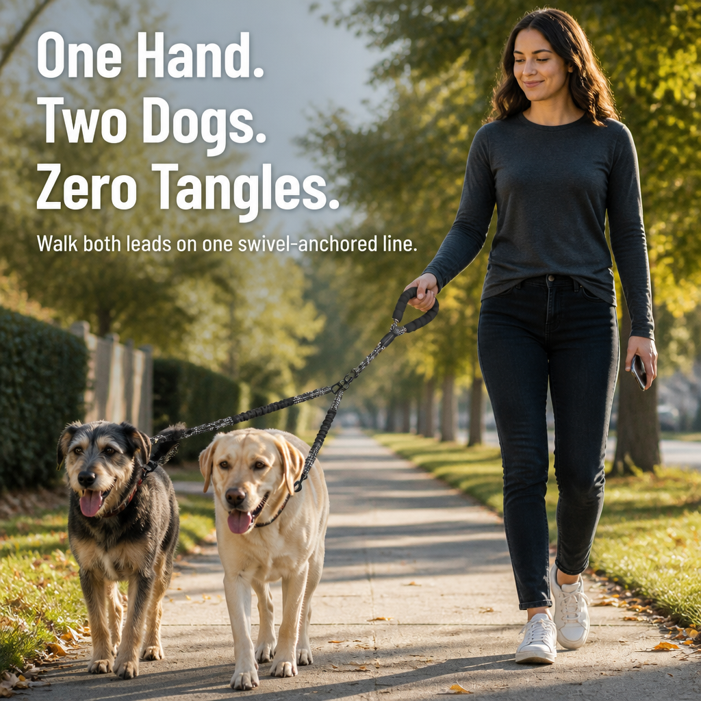 DuoStride™ — Walk Two Dogs Tangle-Free, Without Jerks or Wrist Stress