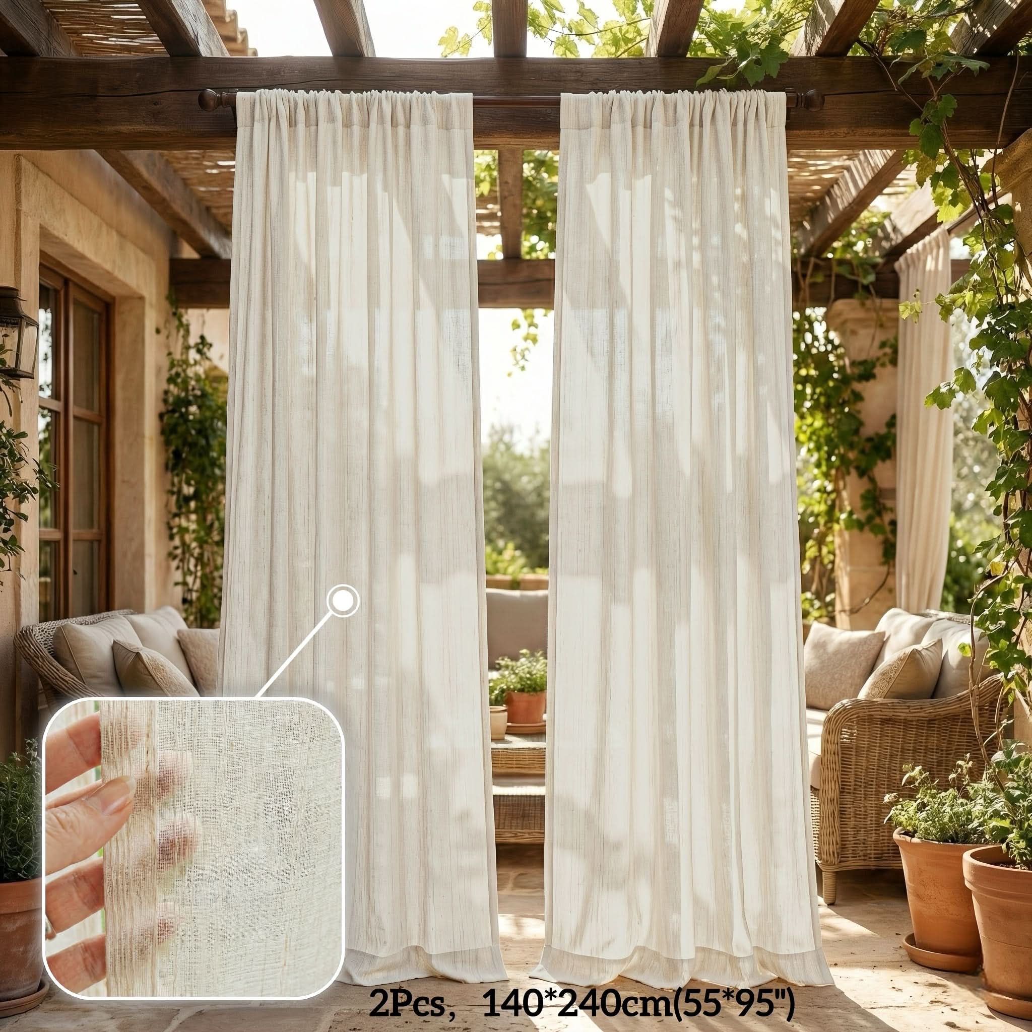 Outdoor Sheer Curtains in Faux Linen for Boho Patio Privacy
