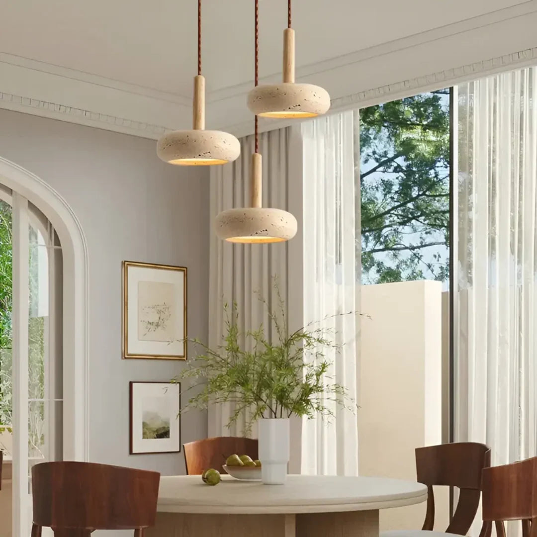 Travertine Hanging Light with Wooden Accent – Warm Glow, Adjustable Cord