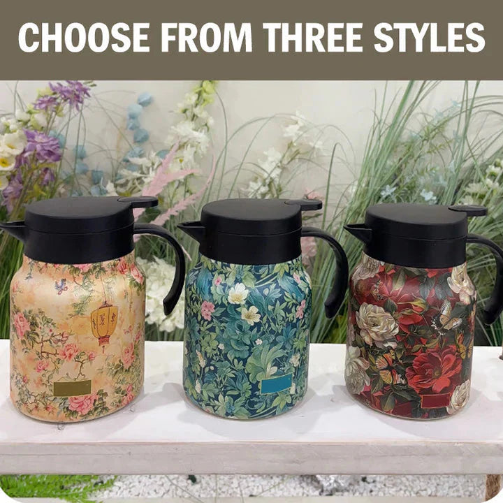 1 L Insulated Jug with Floral Pattern – Stainless Steel, Push-Button Lid