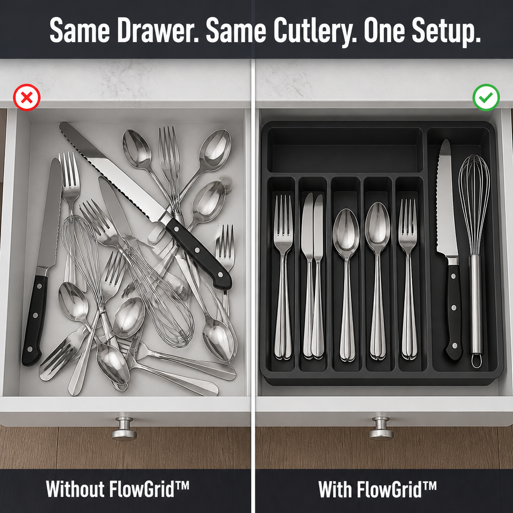 FlowGrid™ — Expandable Drawer Organizer That Puts Cutlery Clutter to Rest Forever