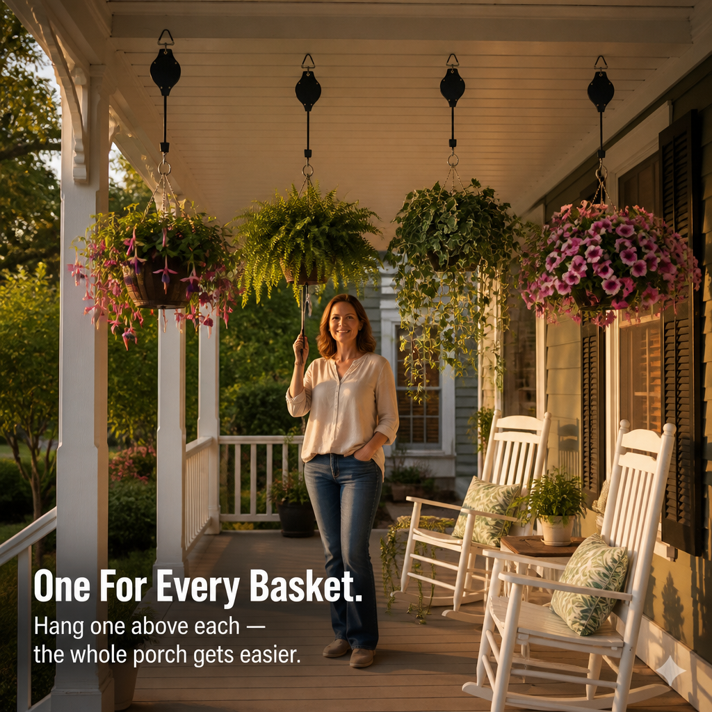 FlexiBloom™ — Lowered Hanging Baskets For Ladder-Free, Easy Watering