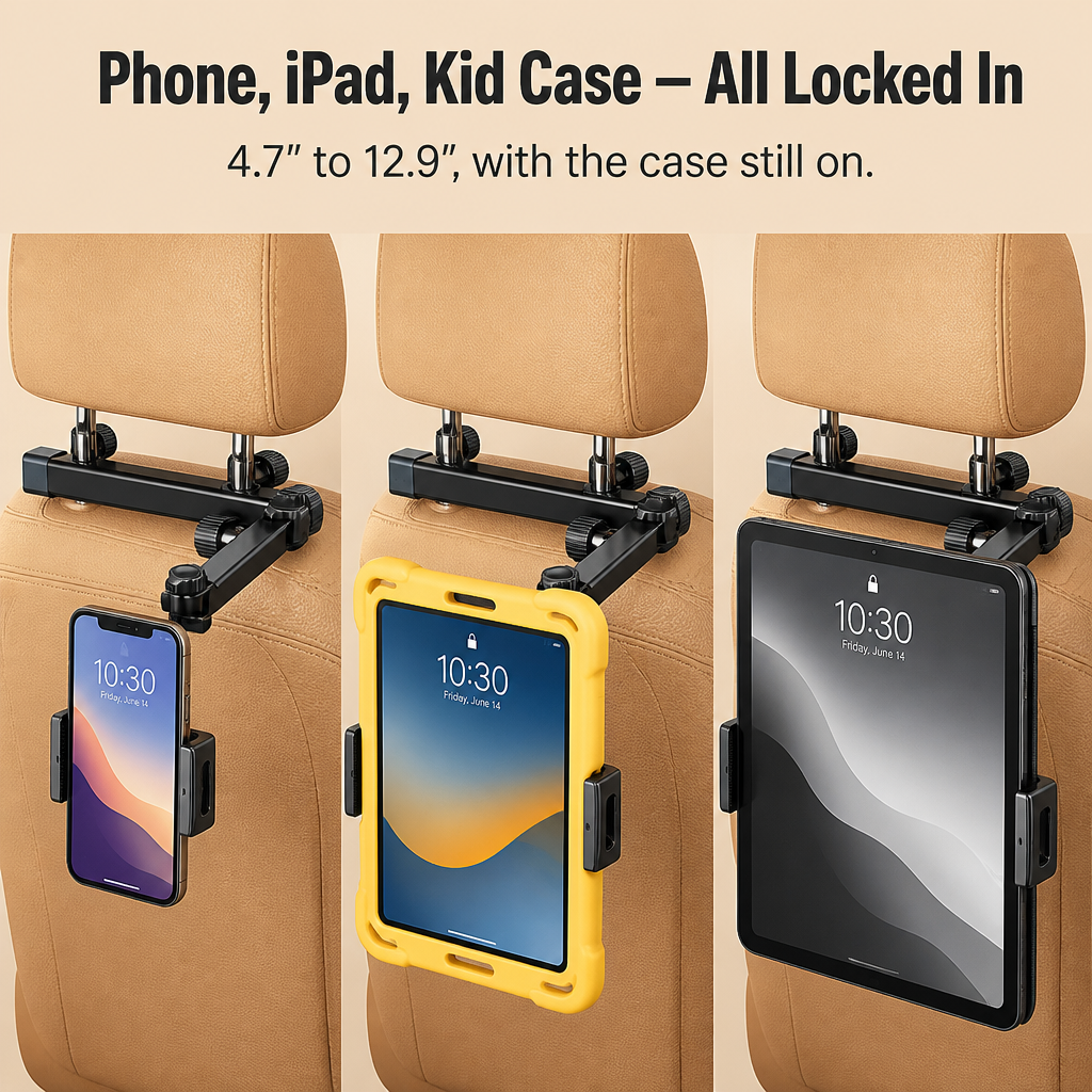 RoadEase™ — Position Your Tablet Perfectly Centered Between Headrests for Comfortable Backseat Viewing