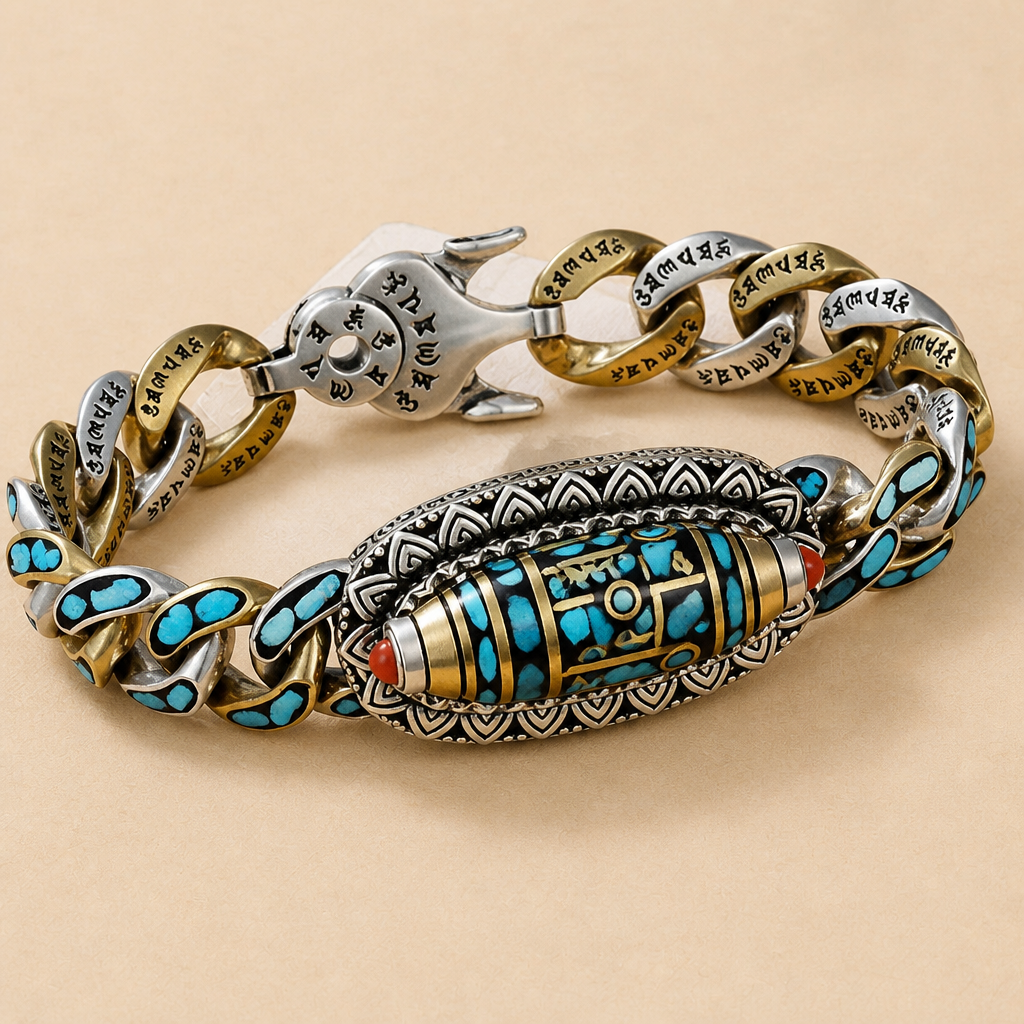 SereniStone™ – Tibetan Nine-Eyed Dzi Bead Bracelet Featuring Turquoise Inlay