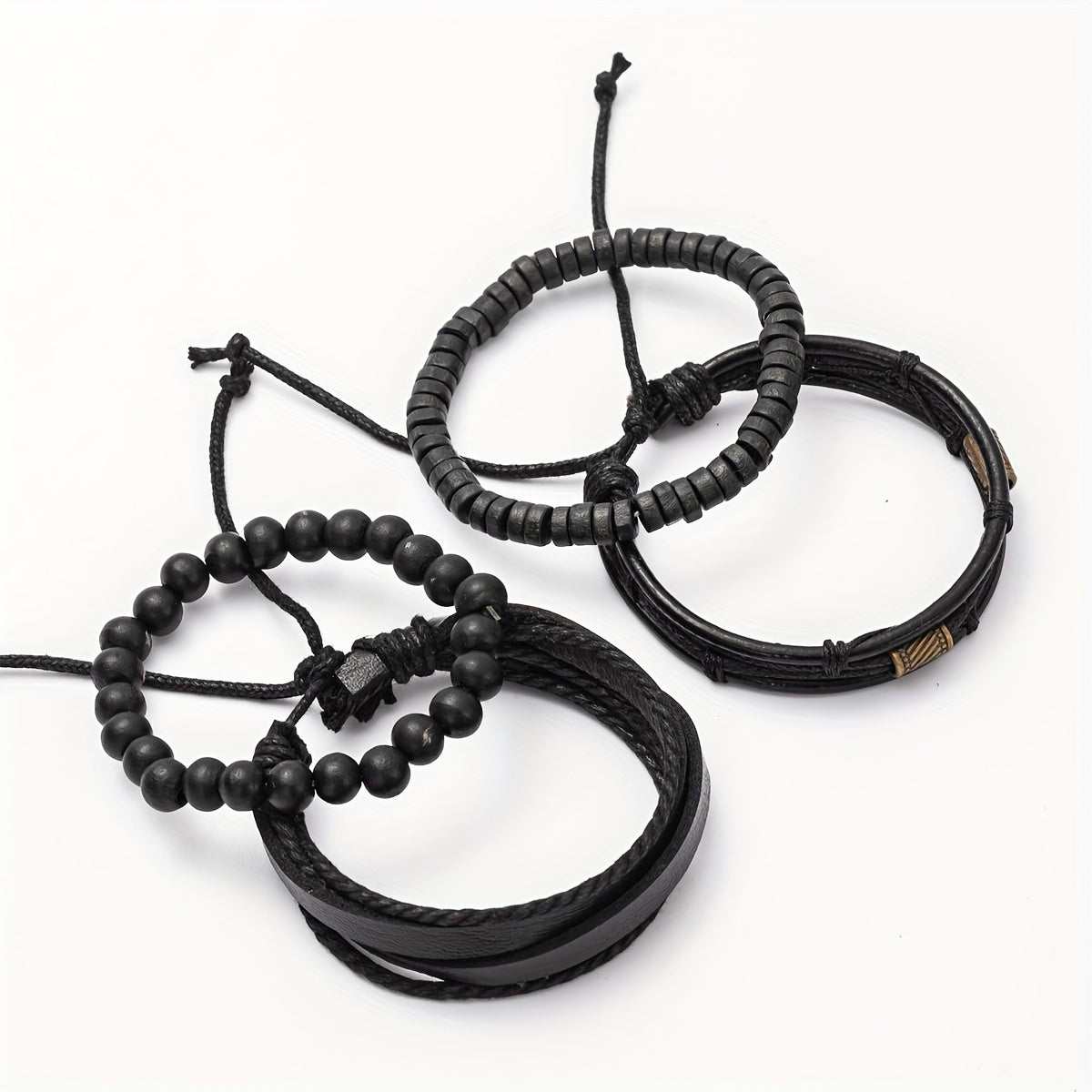 Multilayer Adjustable Bracelet Set with Wooden Beads and Leather